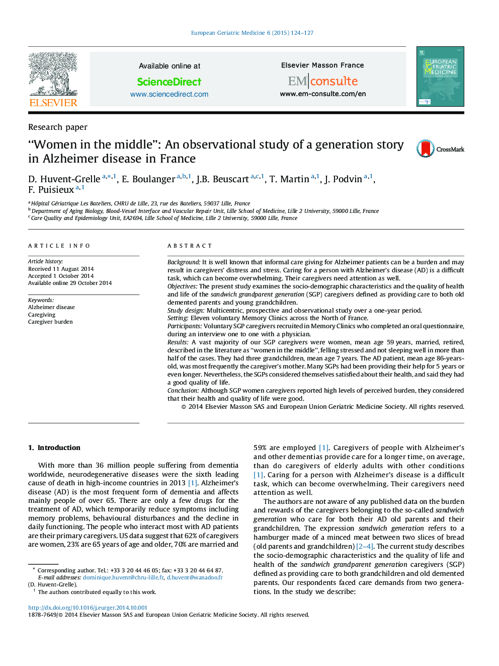 “Women in the middle”: An observational study of a generation story in Alzheimer disease in France