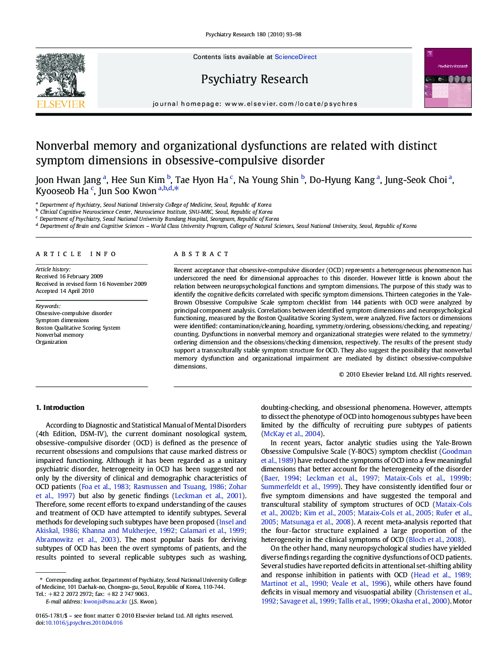 Nonverbal memory and organizational dysfunctions are related with distinct symptom dimensions in obsessive-compulsive disorder