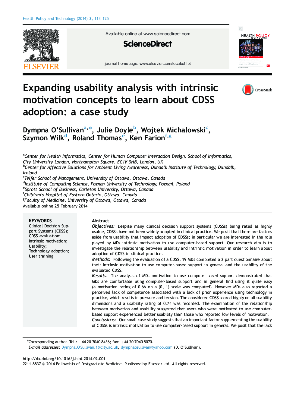 توسعه تجزیه و تحلیل قابلیت استفاده با مفاهیم انگیزشی ذاتی برای یادگیری در مورد پذیرش CDSS: مطالعه موردی