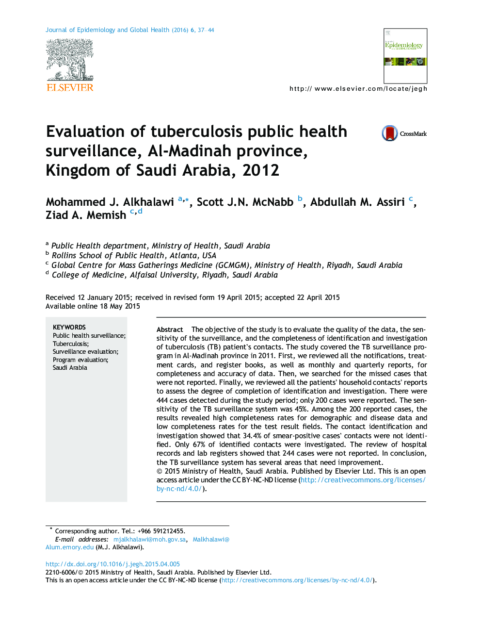 بررسی نظارت بهداشت عمومی بر بیماری سل، استان مدینه، عربستان سعودی، 2012