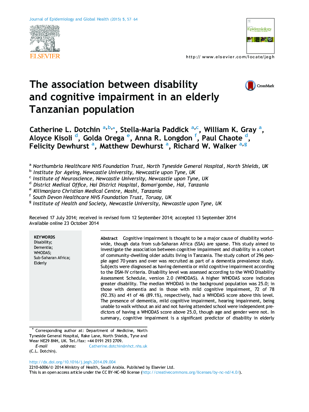 ارتباط بین معلولیت و اختلال شناختی در جمعیت سالخوردگان تانزانیا