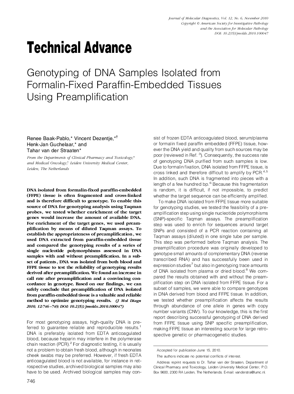 Genotyping of DNA Samples Isolated from Formalin-Fixed Paraffin-Embedded Tissues Using Preamplification 