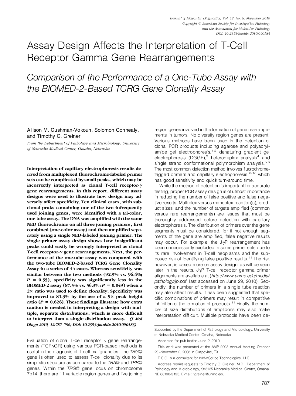 Assay Design Affects the Interpretation of T-Cell Receptor Gamma Gene Rearrangements : Comparison of the Performance of a One-Tube Assay with the BIOMED-2-Based TCRG Gene Clonality Assay