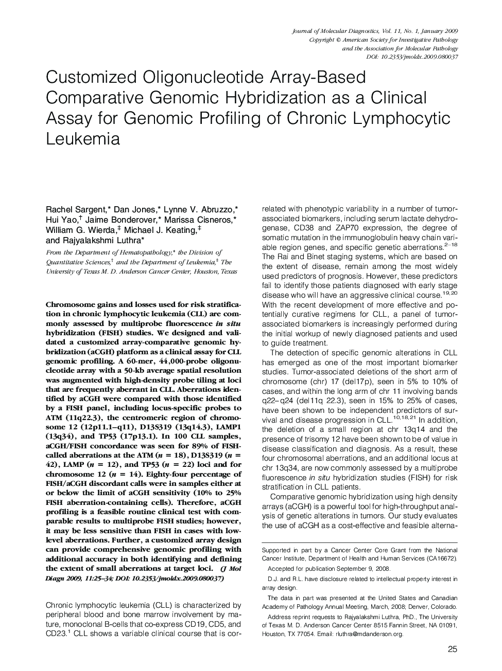 Customized Oligonucleotide Array-Based Comparative Genomic Hybridization as a Clinical Assay for Genomic Profiling of Chronic Lymphocytic Leukemia 