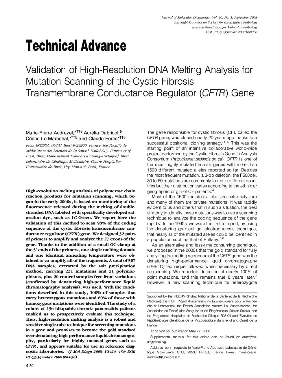Validation of High-Resolution DNA Melting Analysis for Mutation Scanning of the Cystic Fibrosis Transmembrane Conductance Regulator (CFTR) Gene 