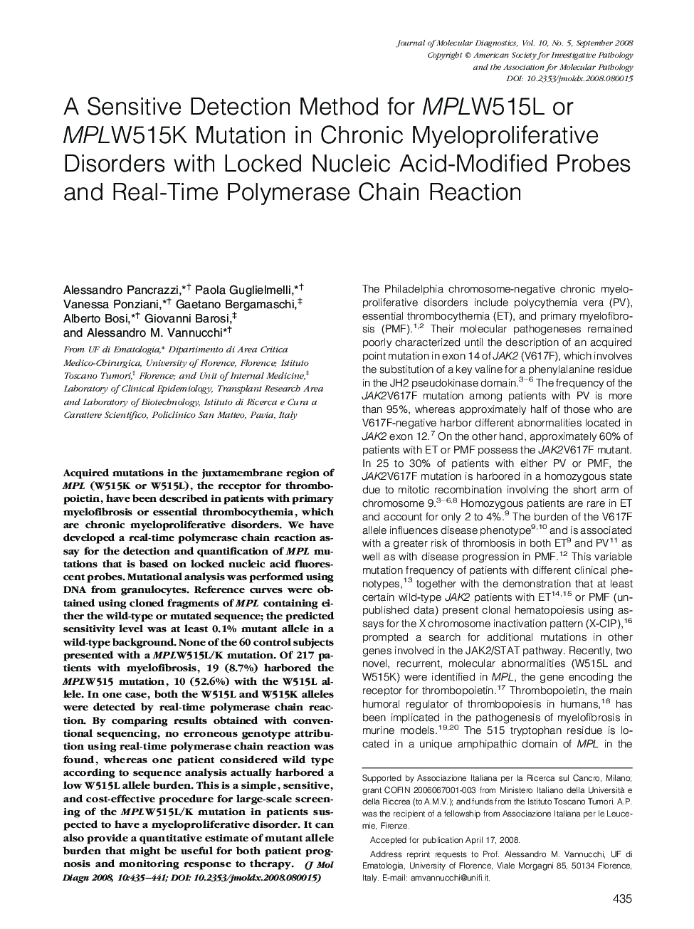 A Sensitive Detection Method for MPLW515L or MPLW515K Mutation in Chronic Myeloproliferative Disorders with Locked Nucleic Acid-Modified Probes and Real-Time Polymerase Chain Reaction 