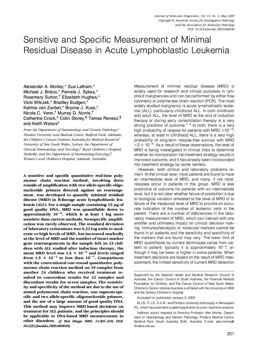 Sensitive and Specific Measurement of Minimal Residual Disease in Acute Lymphoblastic Leukemia 