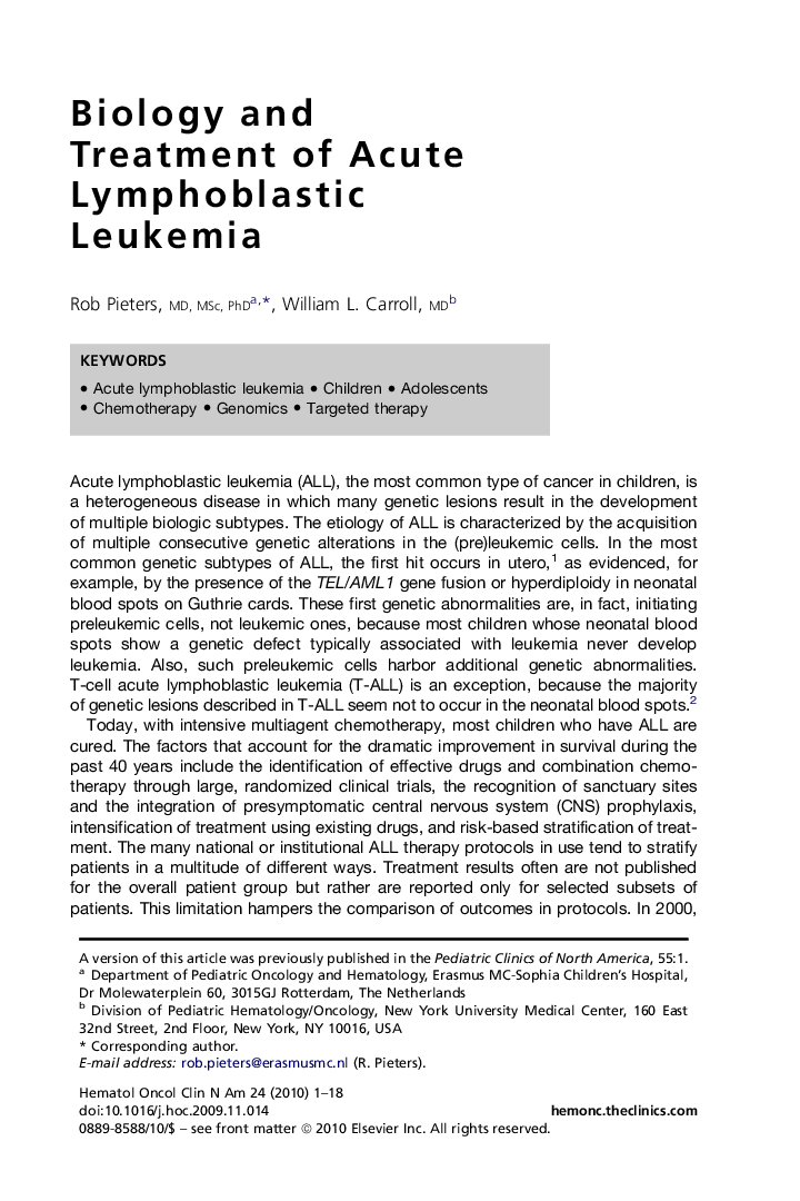 Biology and Treatment of Acute Lymphoblastic Leukemia