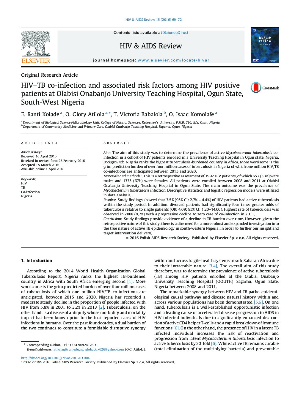 عوامل خطر مرتبط با عفونت توام HIV-TB  در میان افراد مبتلا به HIV مثبت در بیمارستان آموزشی دانشگاه اوگون دولت، جنوب غرب نیجریه