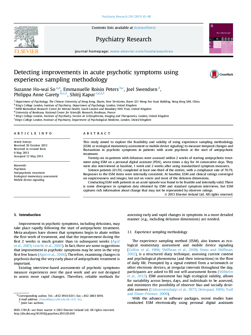 Detecting improvements in acute psychotic symptoms using experience sampling methodology
