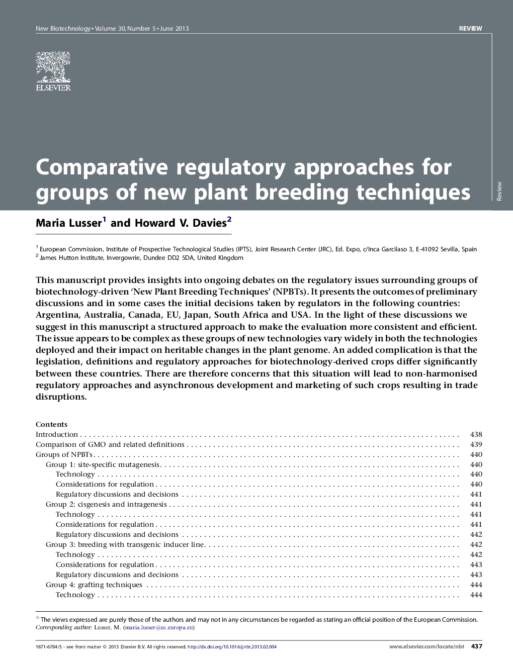 Comparative regulatory approaches for groups of new plant breeding techniques 