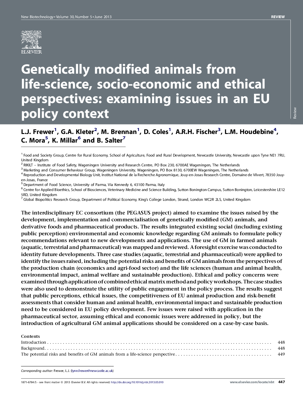 Genetically modified animals from life-science, socio-economic and ethical perspectives: examining issues in an EU policy context