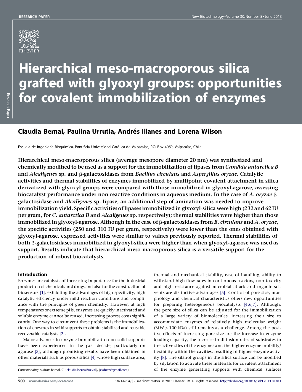 Hierarchical meso-macroporous silica grafted with glyoxyl groups: opportunities for covalent immobilization of enzymes