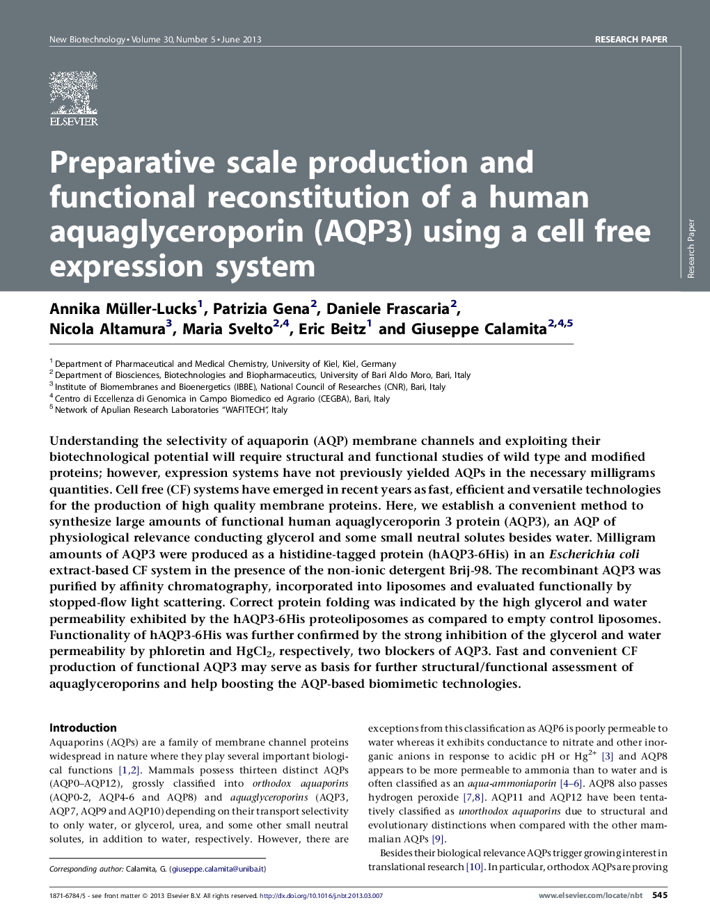 Preparative scale production and functional reconstitution of a human aquaglyceroporin (AQP3) using a cell free expression system