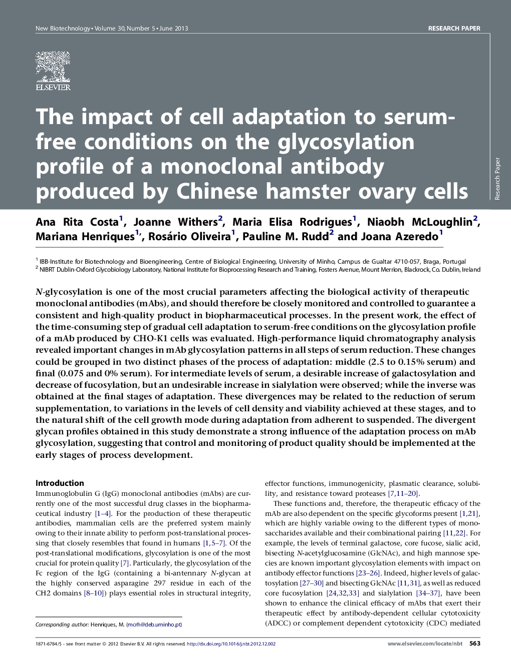 The impact of cell adaptation to serum-free conditions on the glycosylation profile of a monoclonal antibody produced by Chinese hamster ovary cells