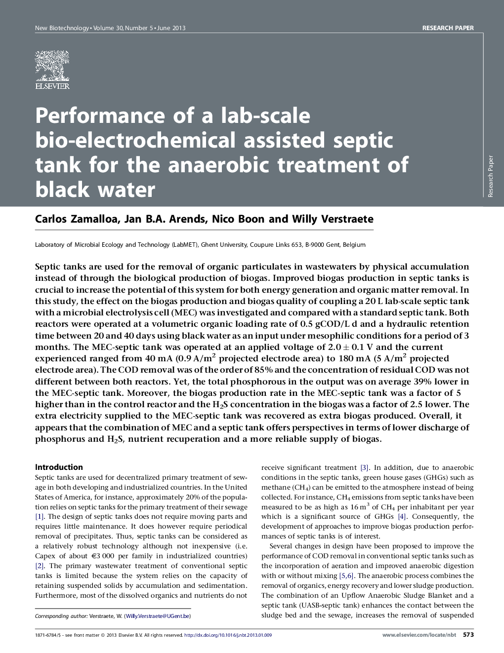 Performance of a lab-scale bio-electrochemical assisted septic tank for the anaerobic treatment of black water