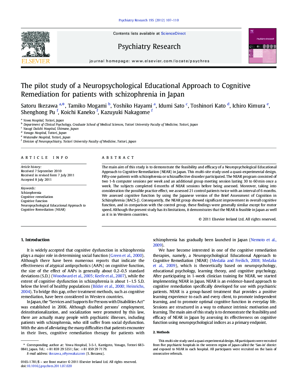 The pilot study of a Neuropsychological Educational Approach to Cognitive Remediation for patients with schizophrenia in Japan