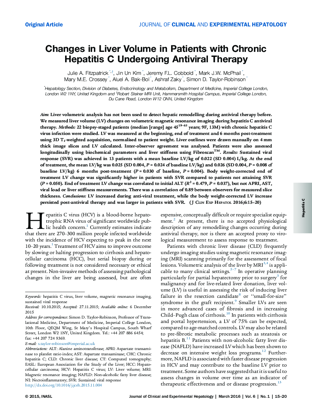 تغییرات در حجم کبد در بیماران مبتلا به هپاتیت مزمن C تحت درمان ضد ویروسی