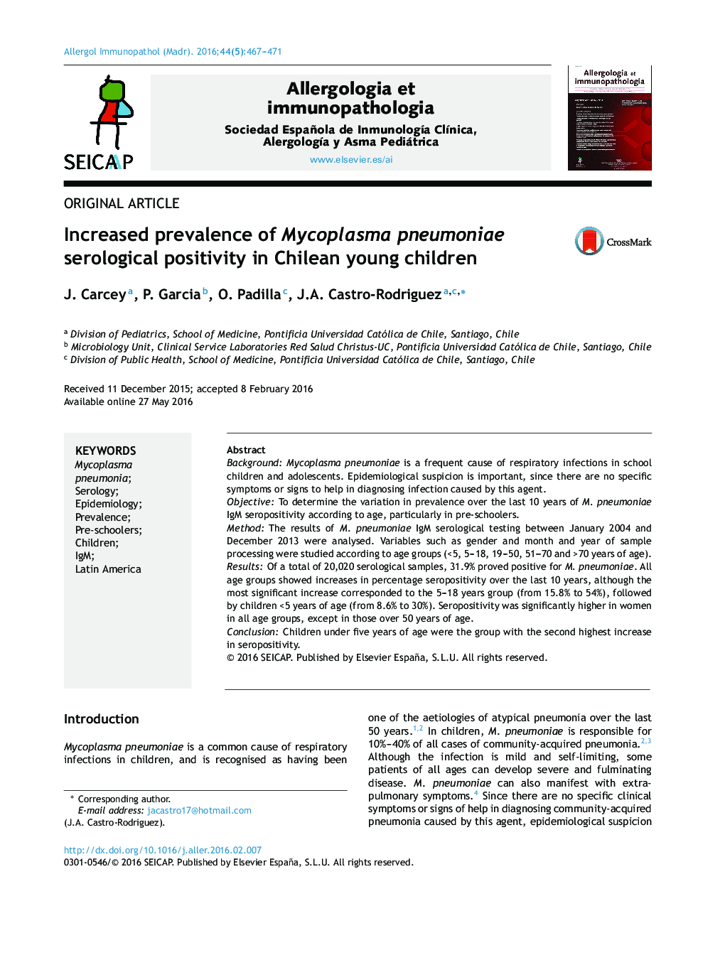افزایش شیوع مثبت سرولوژیکی مایکوپلاسما پنومونیه در کودکان جوان شیلی 