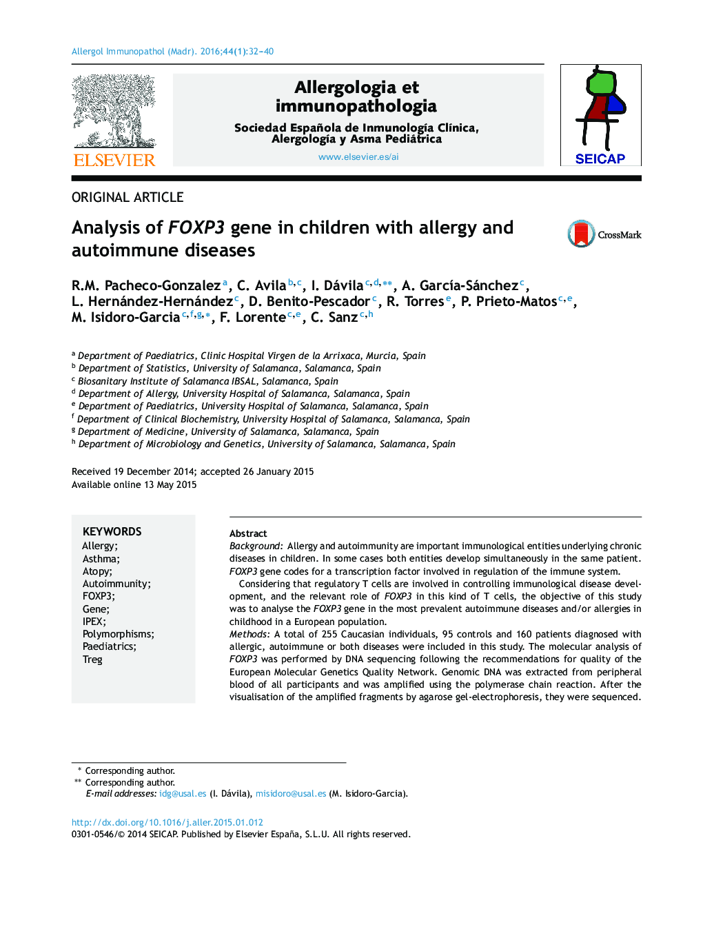 Analysis of FOXP3 gene in children with allergy and autoimmune diseases