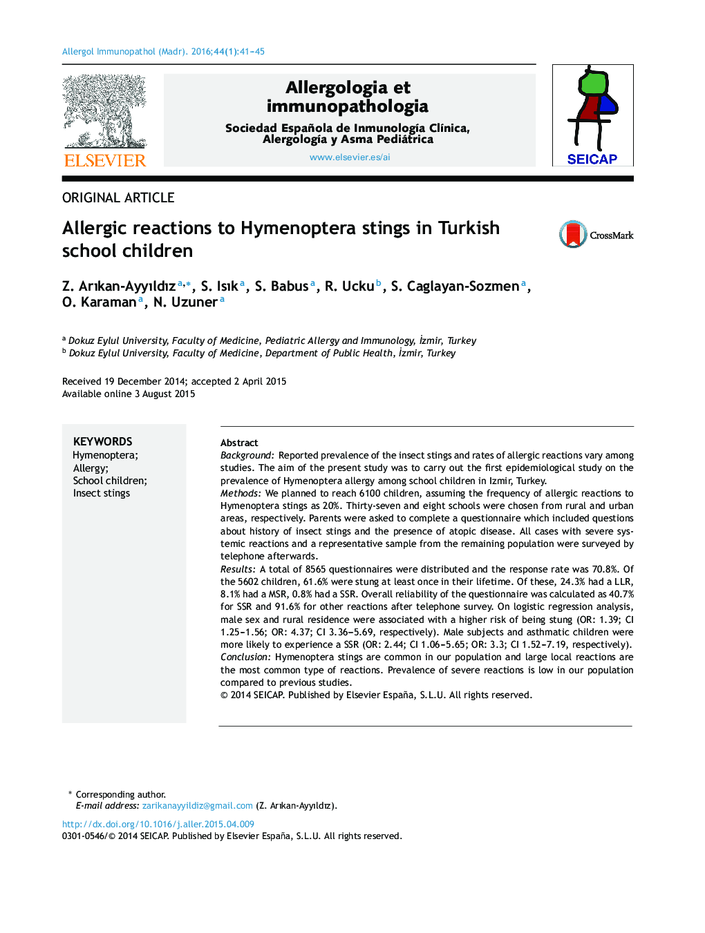 واکنش های آلرژیک به Hymenoptera stings در کودکان مدرسه ترکیه