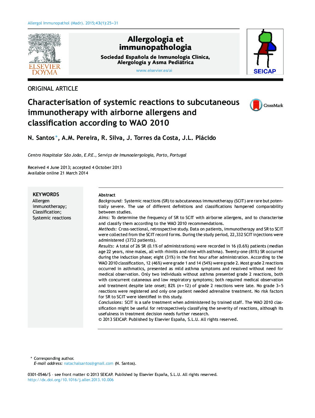Characterisation of systemic reactions to subcutaneous immunotherapy with airborne allergens and classification according to WAO 2010