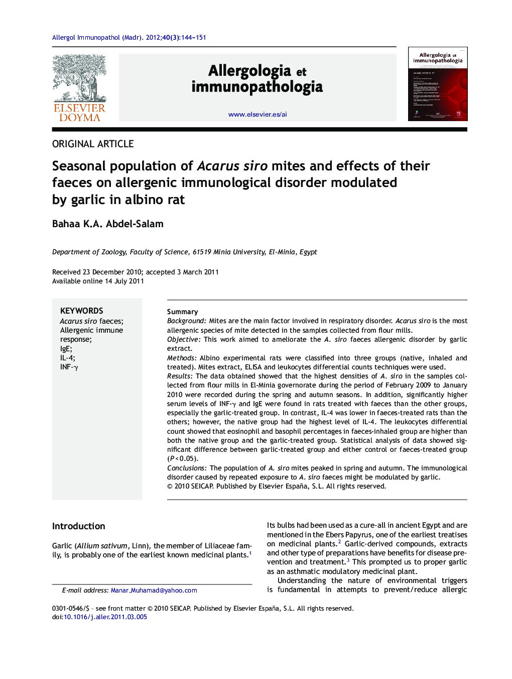 Seasonal population of Acarus siro mites and effects of their faeces on allergenic immunological disorder modulated by garlic in albino rat