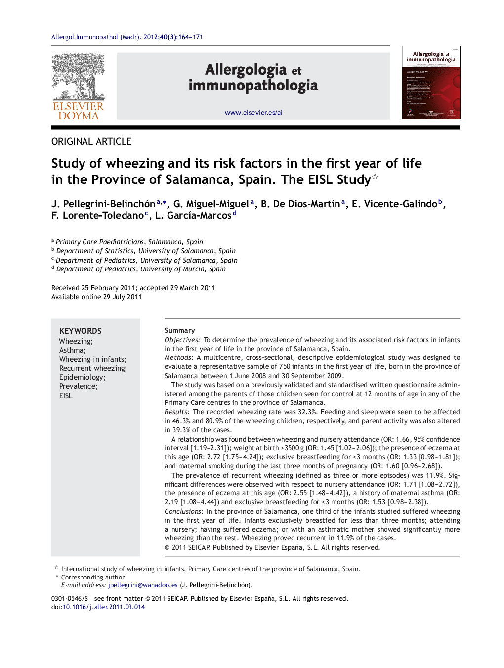 Study of wheezing and its risk factors in the first year of life in the Province of Salamanca, Spain. The EISL Study