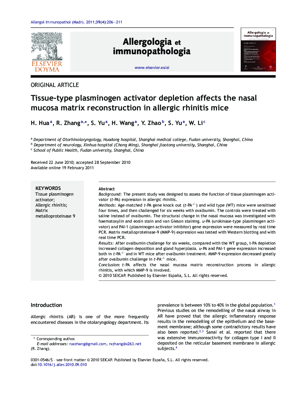 Tissue-type plasminogen activator depletion affects the nasal mucosa matrix reconstruction in allergic rhinitis mice