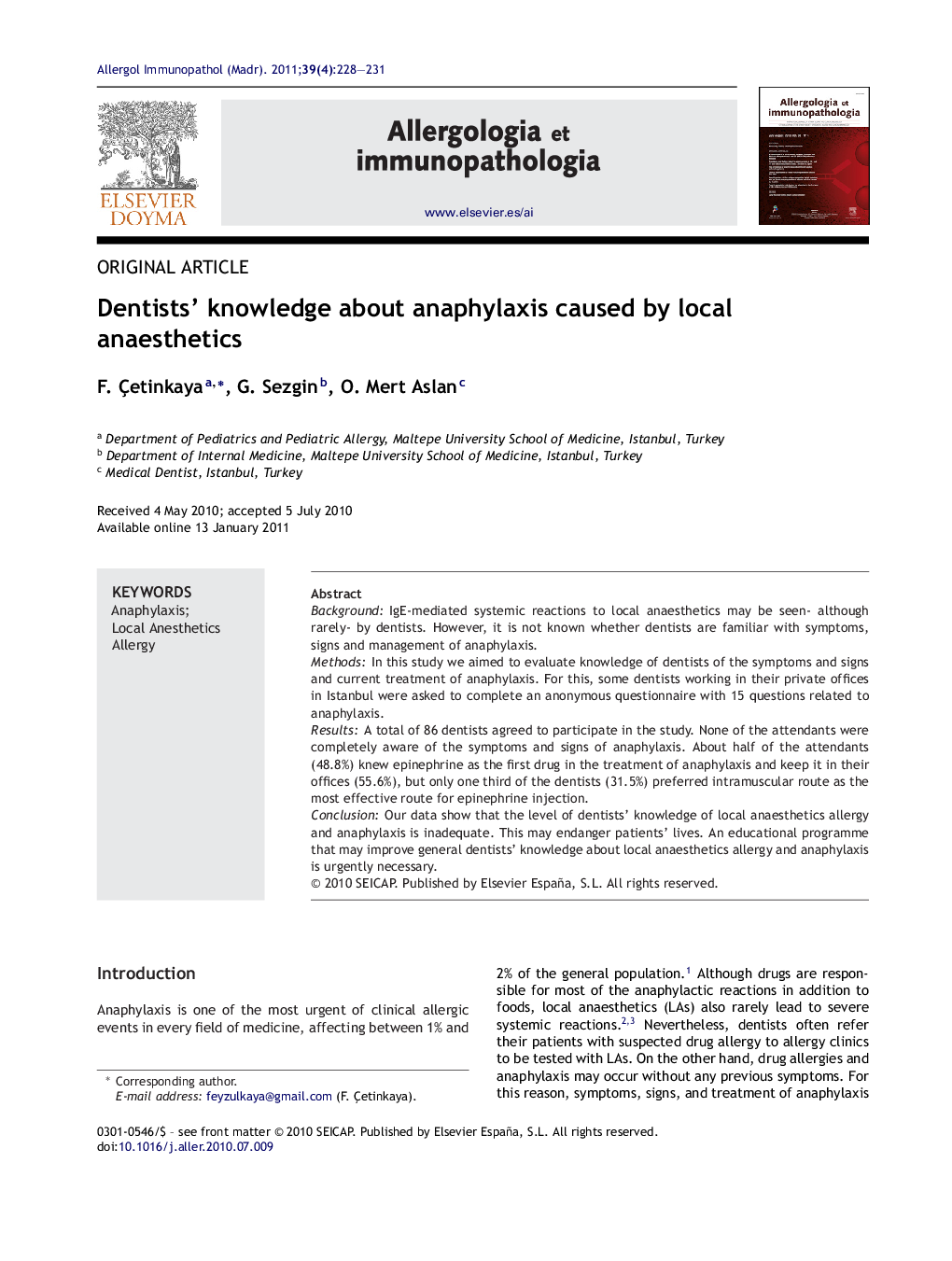 Dentists' knowledge about anaphylaxis caused by local anaesthetics