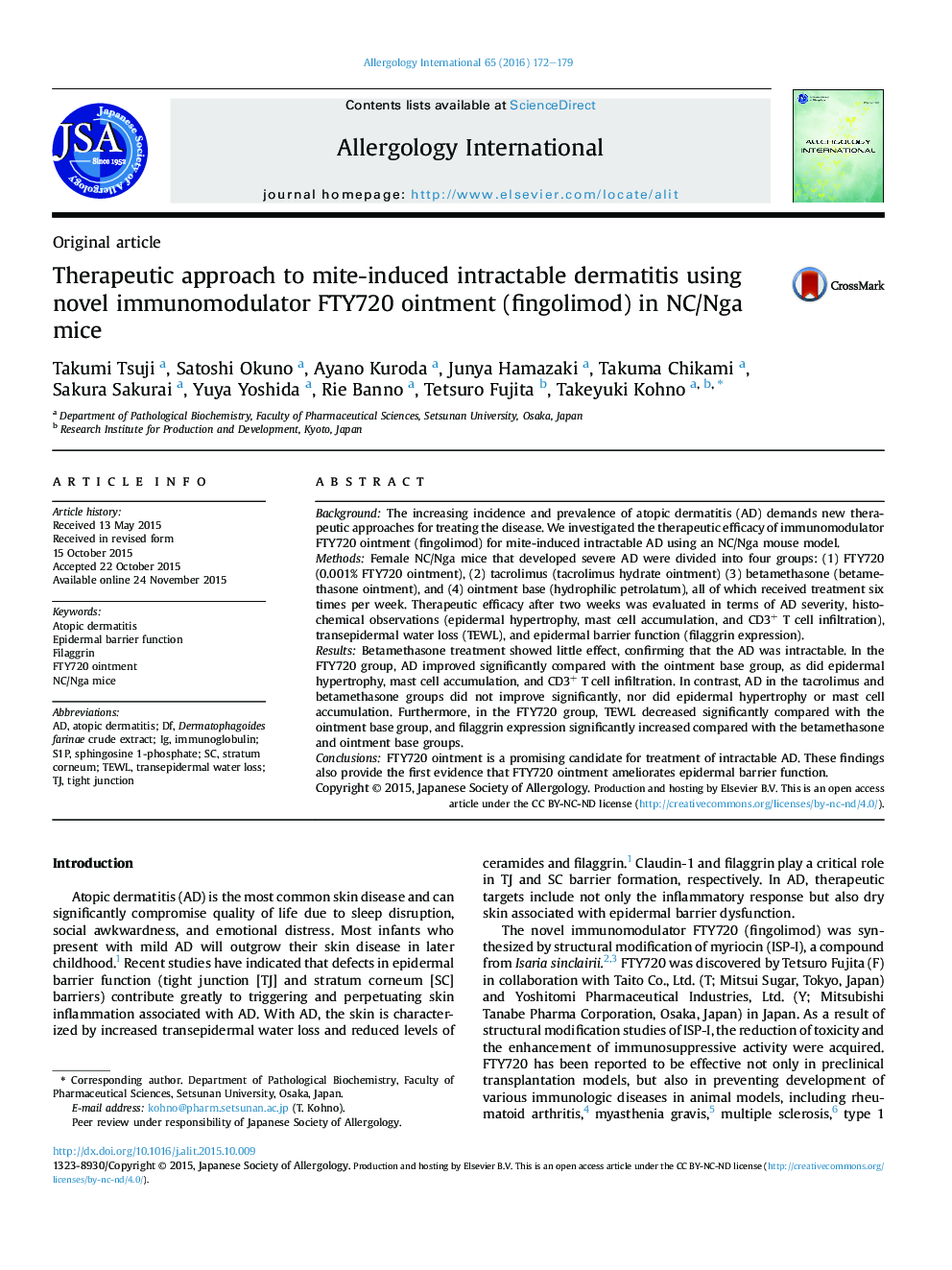 Therapeutic approach to mite-induced intractable dermatitis using novel immunomodulator FTY720 ointment (fingolimod) in NC/Nga mice 