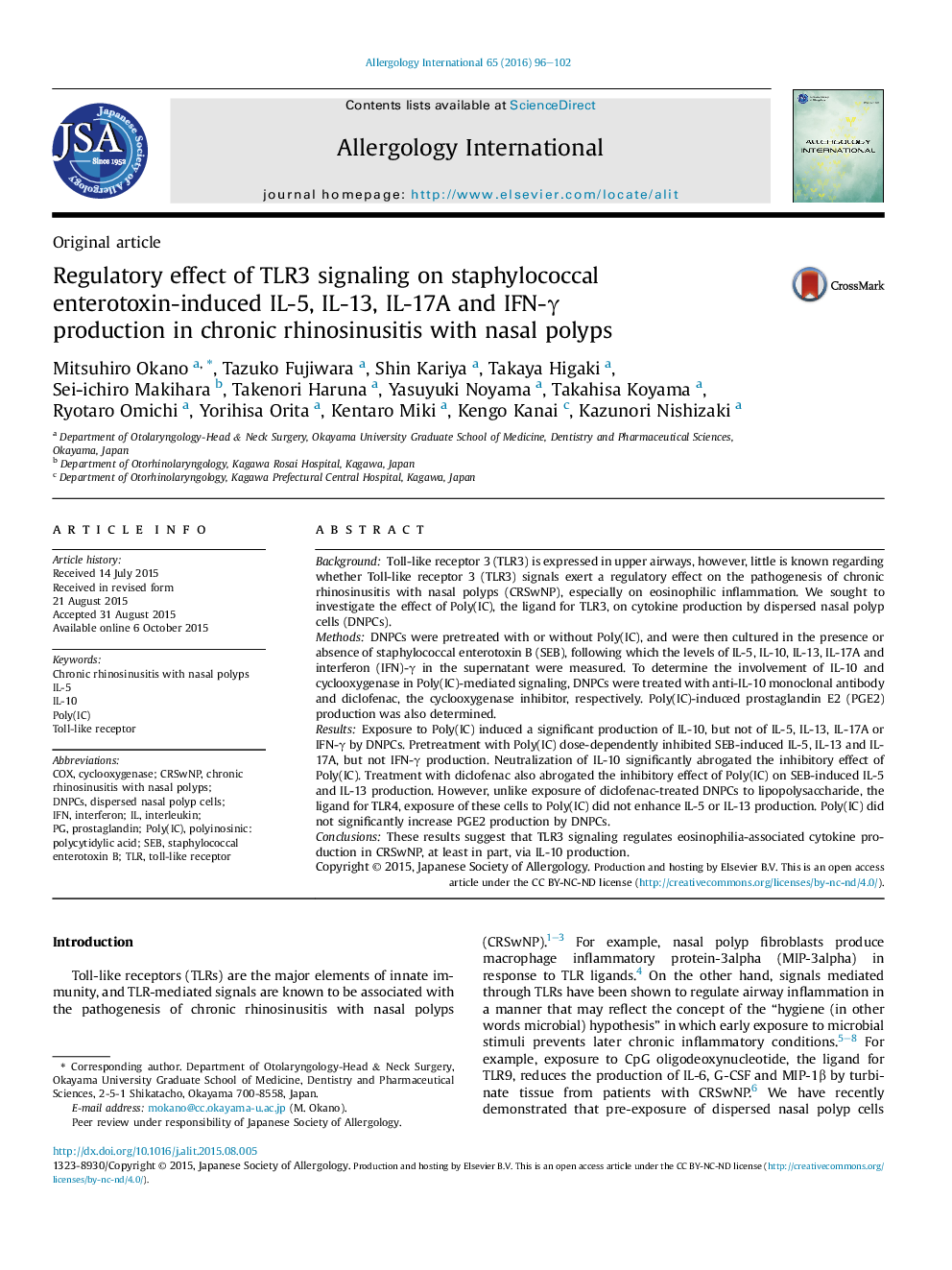 Regulatory effect of TLR3 signaling on staphylococcal enterotoxin-induced IL-5, IL-13, IL-17A and IFN-γ production in chronic rhinosinusitis with nasal polyps 