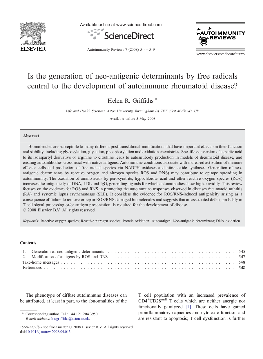 Is the generation of neo-antigenic determinants by free radicals central to the development of autoimmune rheumatoid disease?