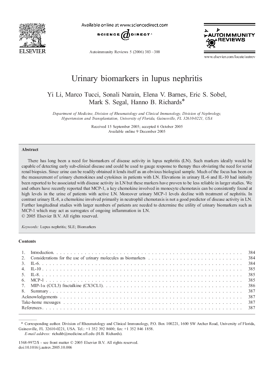 Urinary biomarkers in lupus nephritis