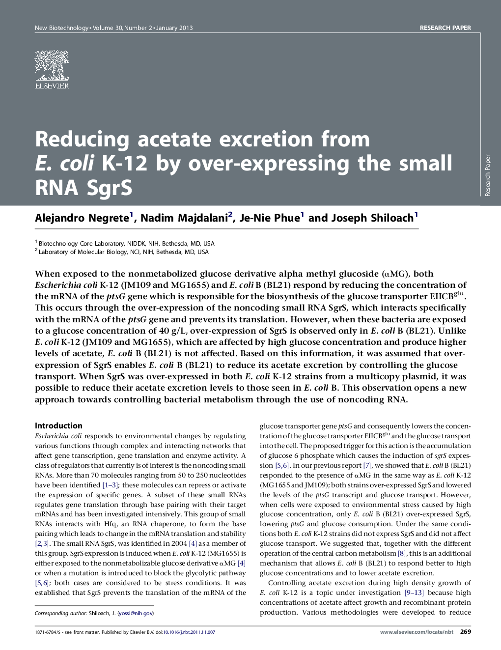 Reducing acetate excretion from E. coli K-12 by over-expressing the small RNA SgrS