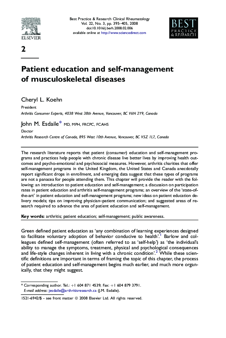 Patient education and self-management of musculoskeletal diseases