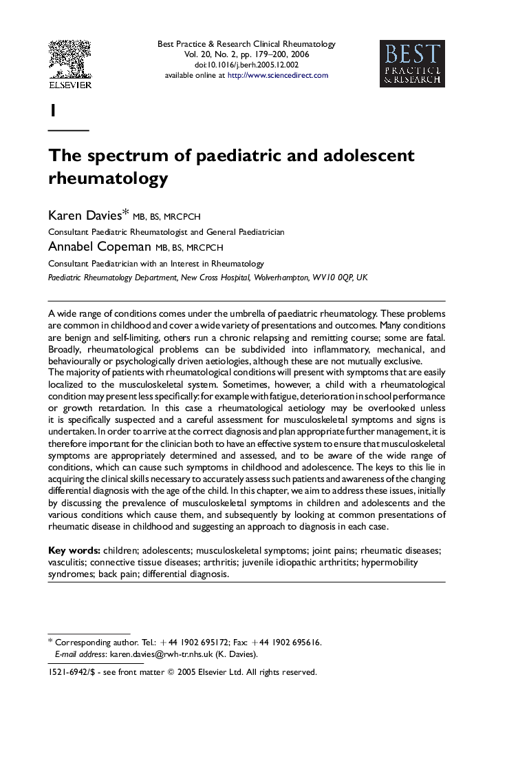The spectrum of paediatric and adolescent rheumatology