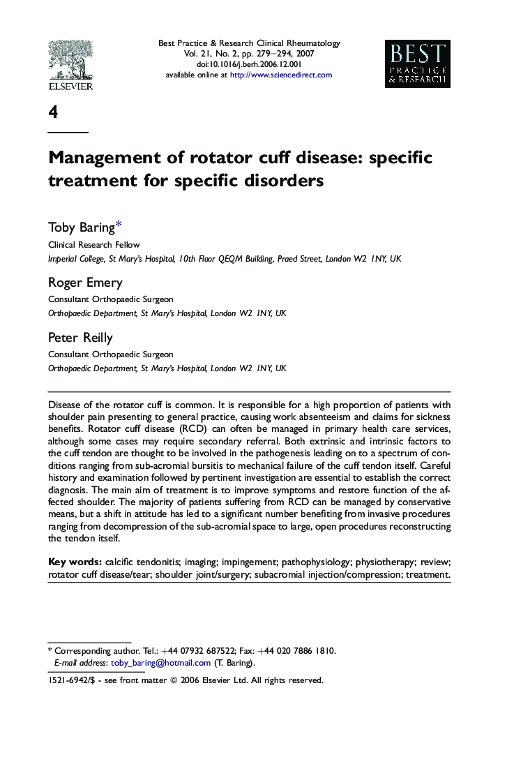 Management of rotator cuff disease: specific treatment for specific disorders