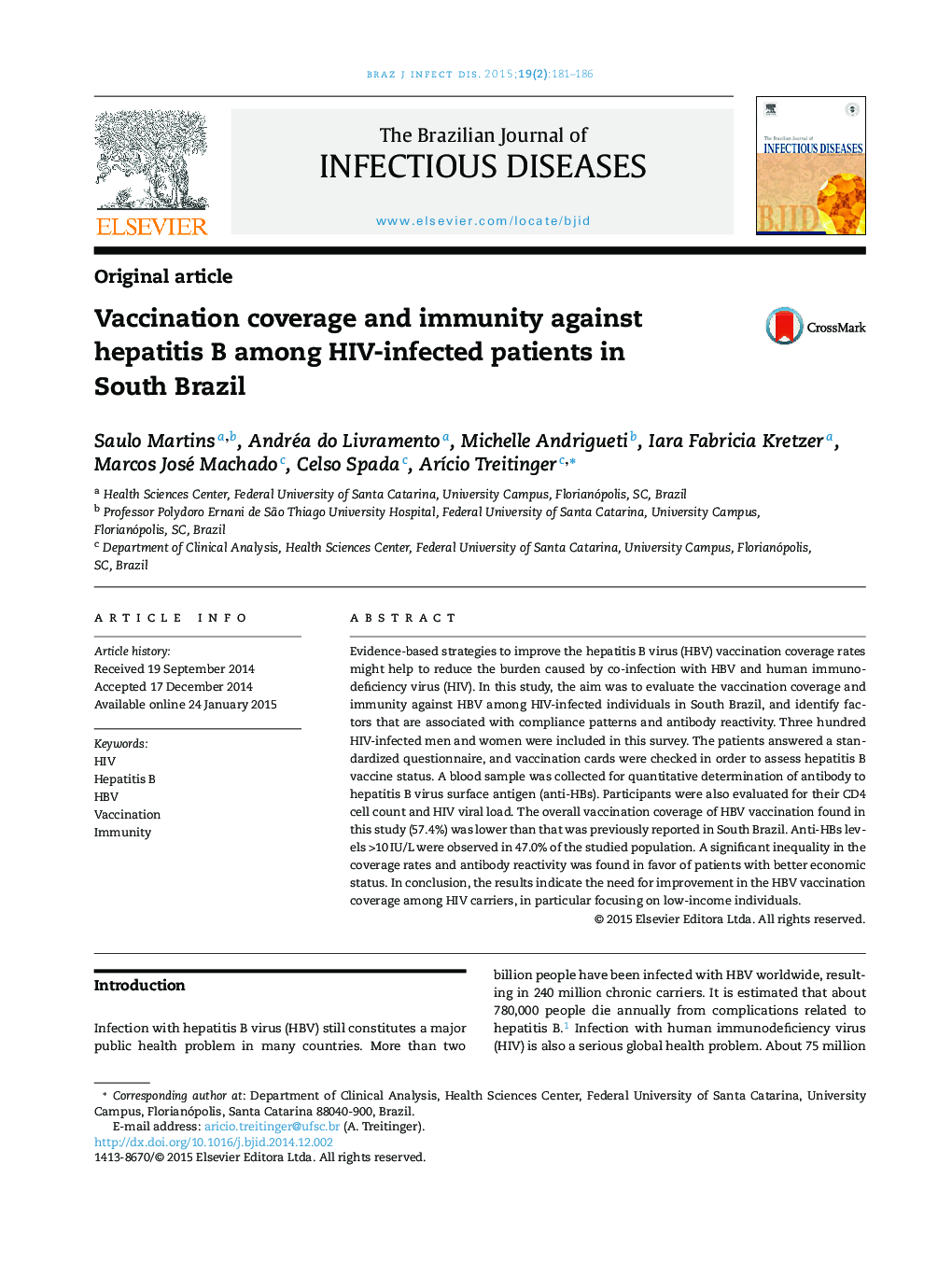 پوشش واکسیناسیون و ایمنی علیه هپاتیت B در بیماران مبتلا به HIV در برزیل جنوبی