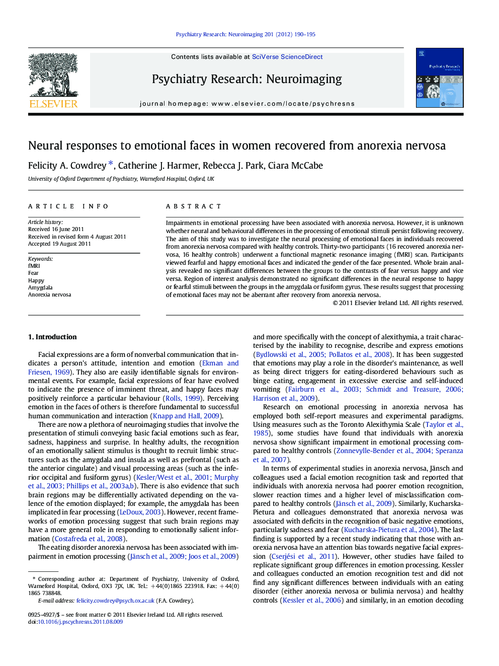 Neural responses to emotional faces in women recovered from anorexia nervosa