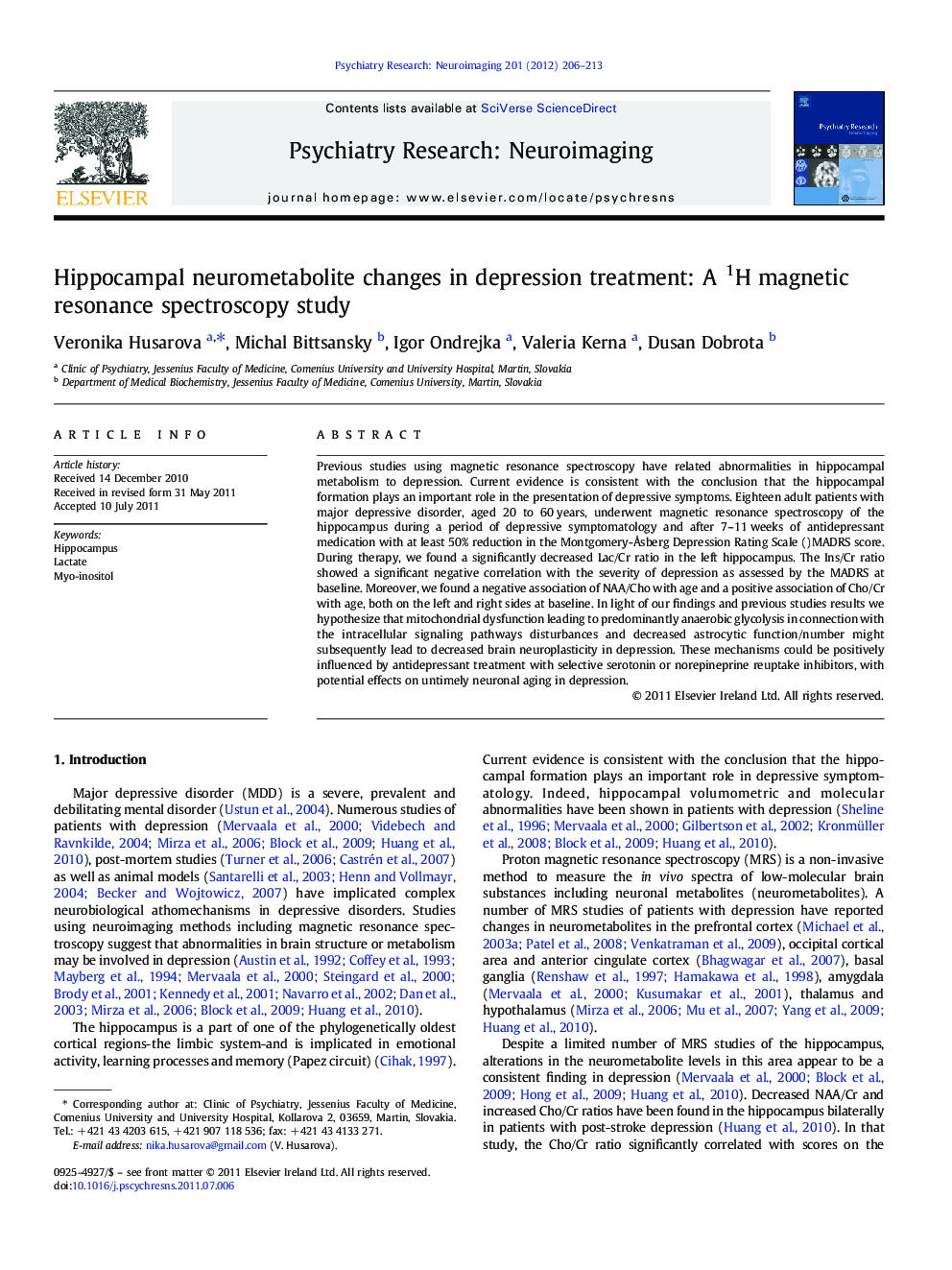 Hippocampal neurometabolite changes in depression treatment: A 1H magnetic resonance spectroscopy study