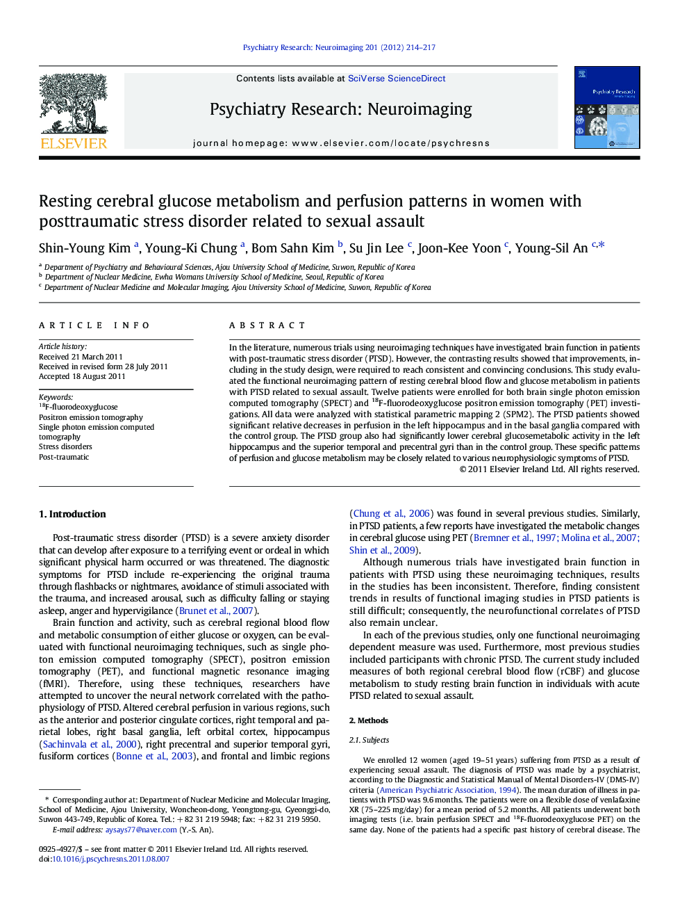 Resting cerebral glucose metabolism and perfusion patterns in women with posttraumatic stress disorder related to sexual assault