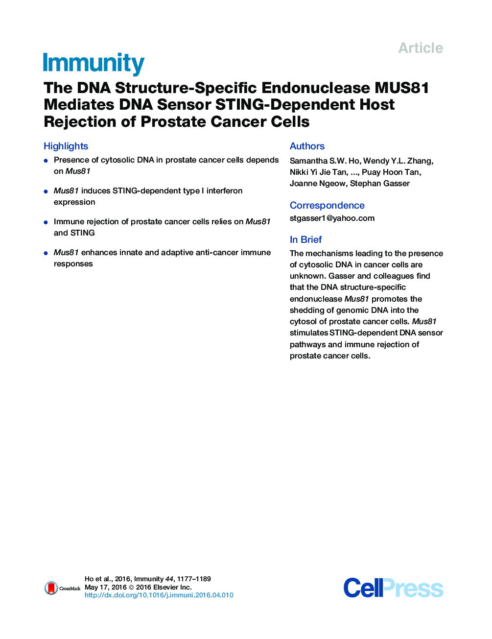 The DNA Structure-Specific Endonuclease MUS81 Mediates DNA Sensor STING-Dependent Host Rejection of Prostate Cancer Cells