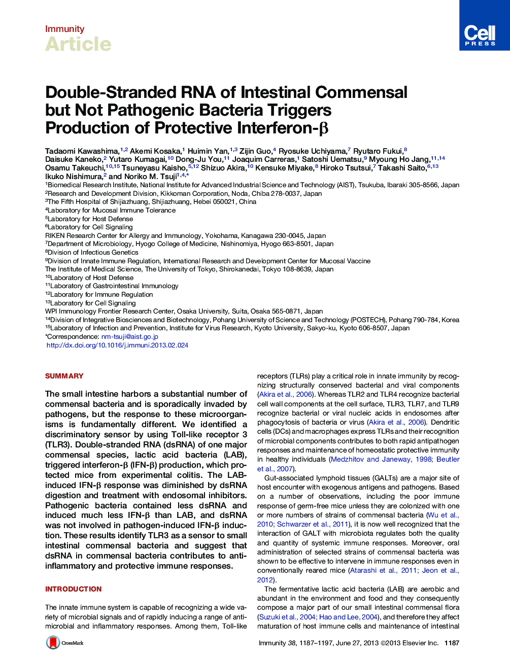 Double-Stranded RNA of Intestinal Commensal but Not Pathogenic Bacteria Triggers Production of Protective Interferon-β