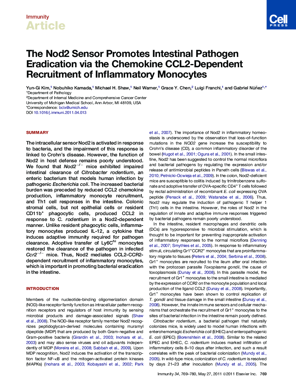 The Nod2 Sensor Promotes Intestinal Pathogen Eradication via the Chemokine CCL2-Dependent Recruitment of Inflammatory Monocytes