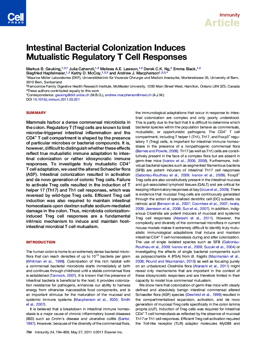 Intestinal Bacterial Colonization Induces Mutualistic Regulatory T Cell Responses