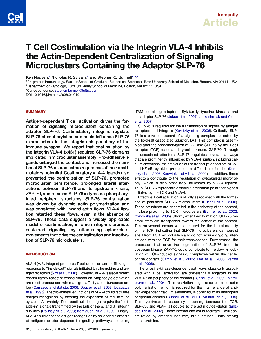 T Cell Costimulation via the Integrin VLA-4 Inhibits the Actin-Dependent Centralization of Signaling Microclusters Containing the Adaptor SLP-76