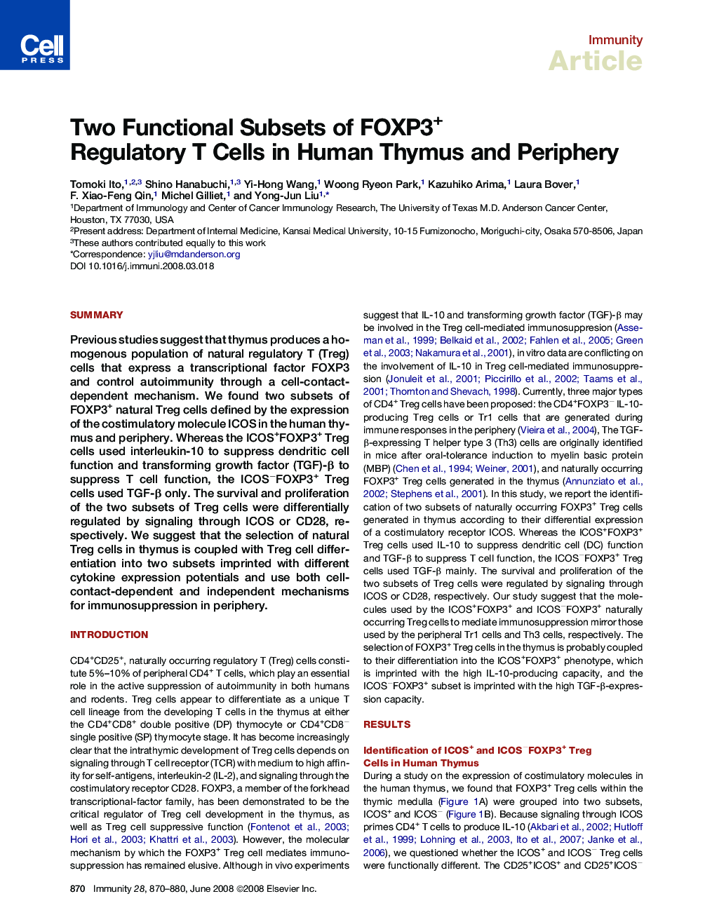 Two Functional Subsets of FOXP3+ Regulatory T Cells in Human Thymus and Periphery