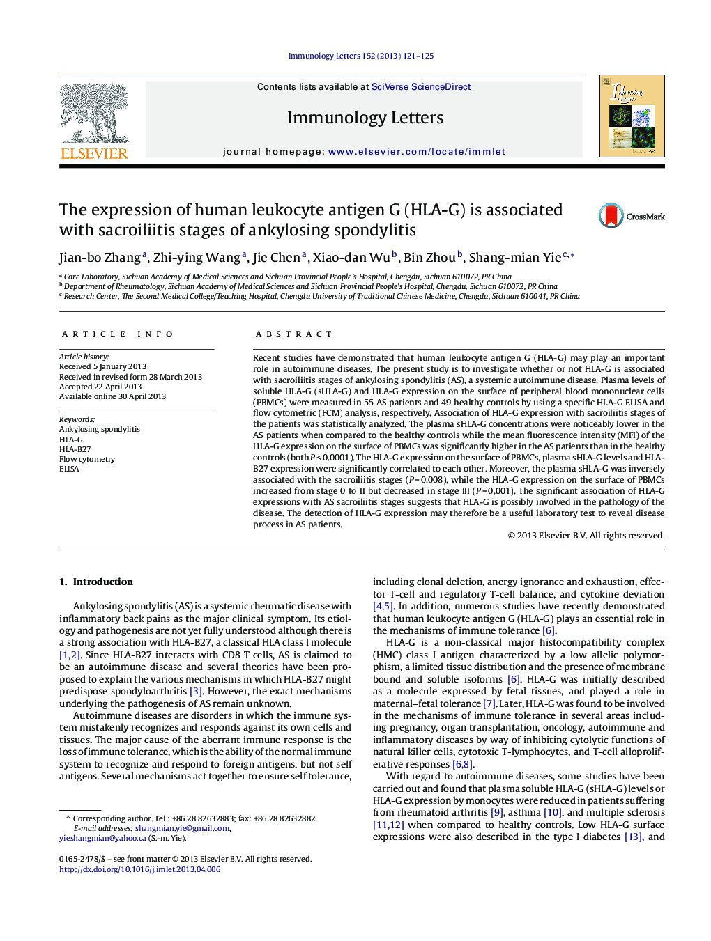 The expression of human leukocyte antigen G (HLA-G) is associated with sacroiliitis stages of ankylosing spondylitis