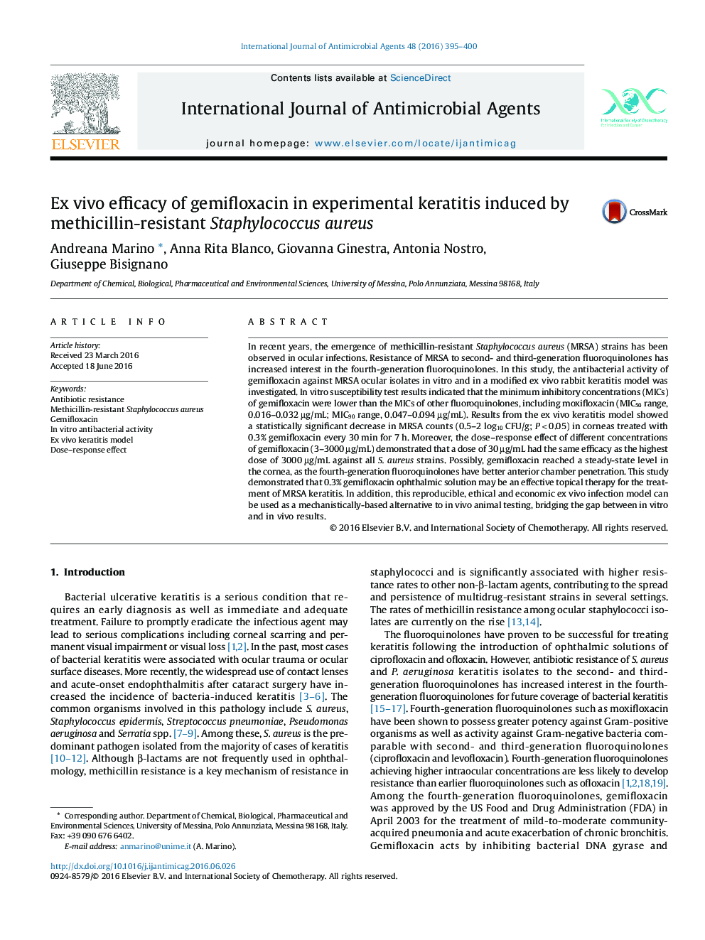 Ex vivo efficacy of gemifloxacin in experimental keratitis induced by methicillin-resistant Staphylococcus aureus